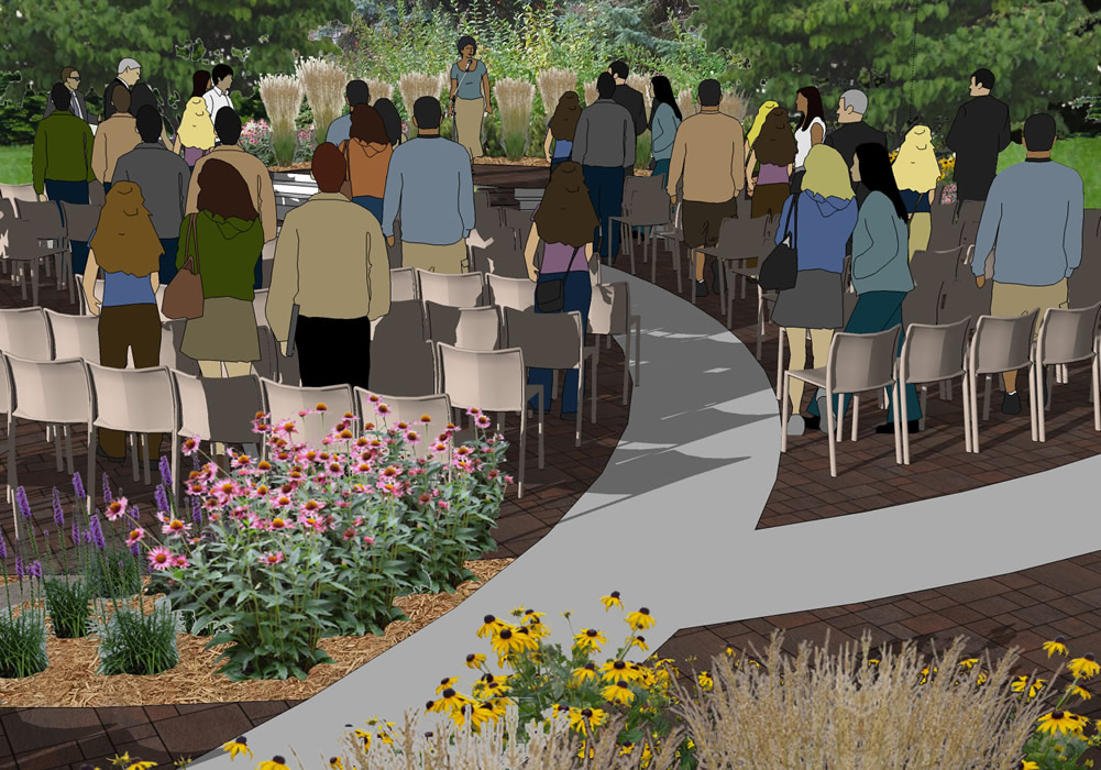 Graphic rendering of an in process outdoor worship service with congregants standing facing the stage while a worship leader stands on the stage.