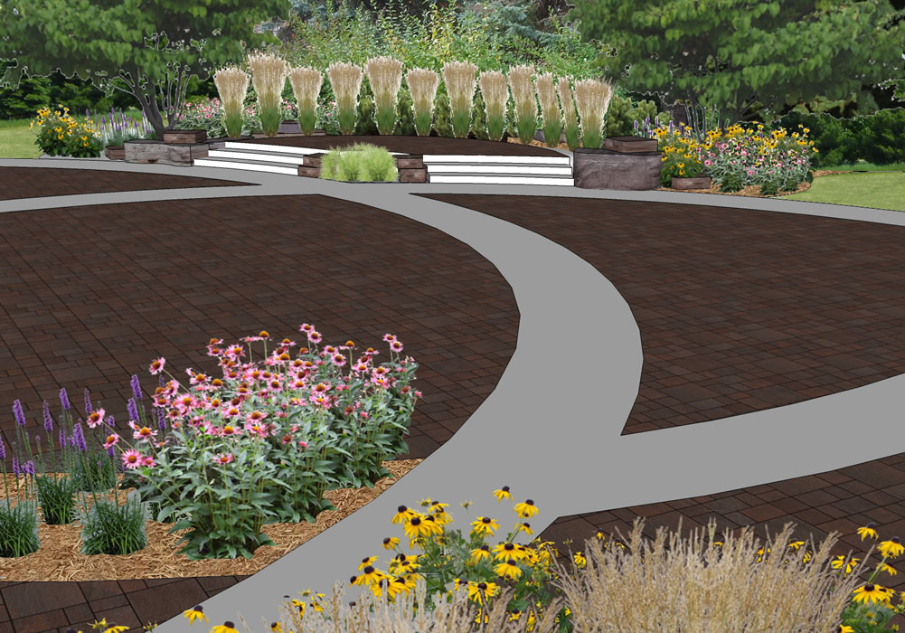 A 3D graphic rendering of the patio space. Grey pavement represents concrete. Red brick areas represent the brick paving that makes up the space where the chairs will be set up.